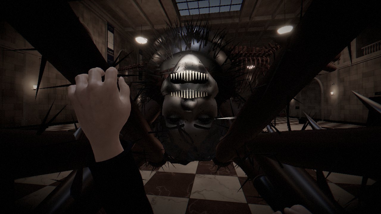 The Crawler hanging upside down, a human face full of teeth and spider legs